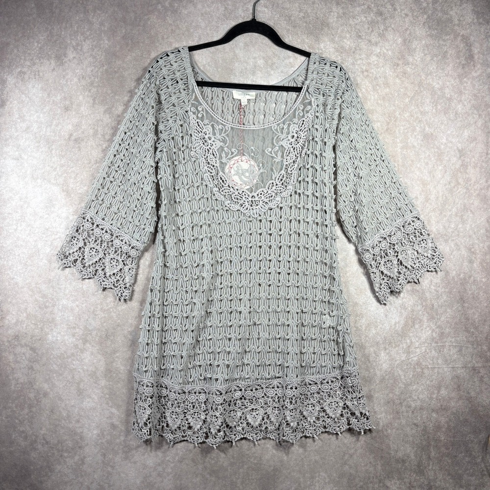 Umgee Tunic Top Womens Large Gray Lace Crochet Scoop Neck 3/4 Sleeve Boho NEW